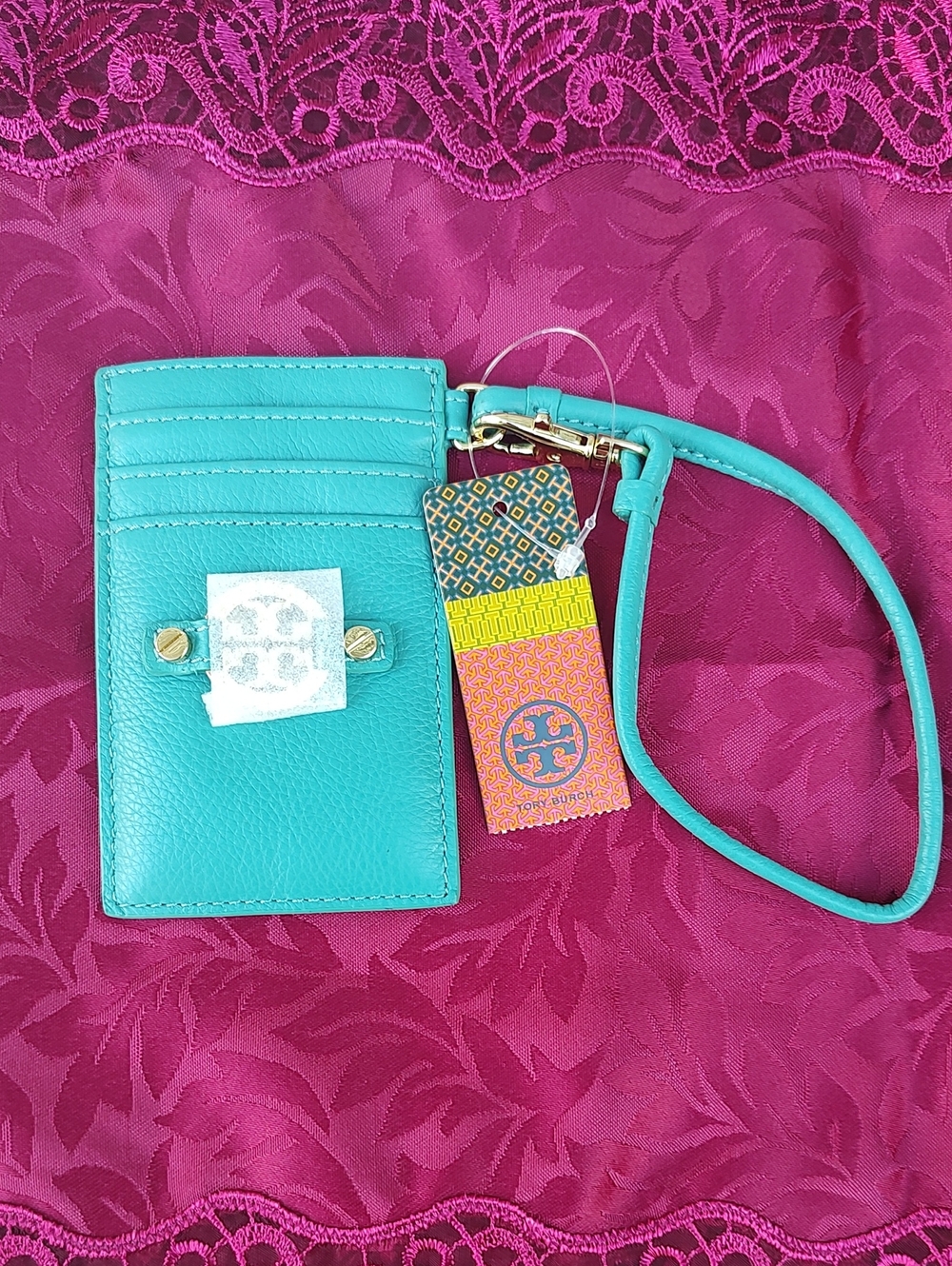 Tory Burch Turquoise Leather Card Holder with Gold Logo Strap New